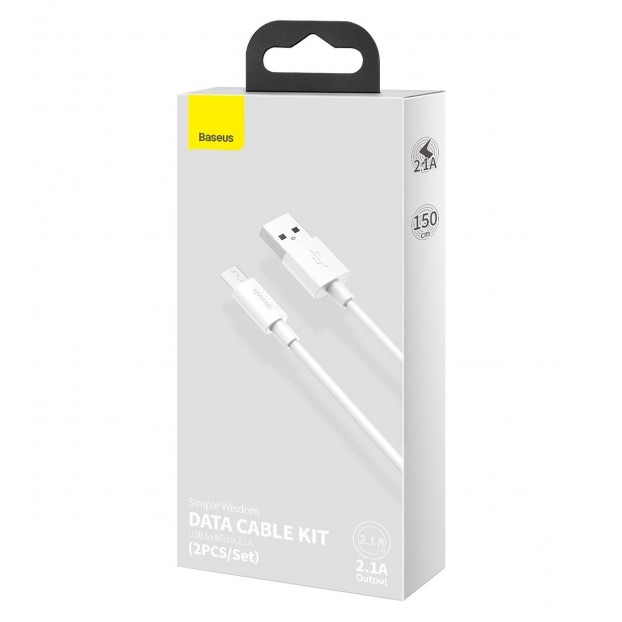 Set Cablu BASEUS Simple Wisdom USB to Micro USB, 2.1A. 1.5m, 2buc/set - Alb