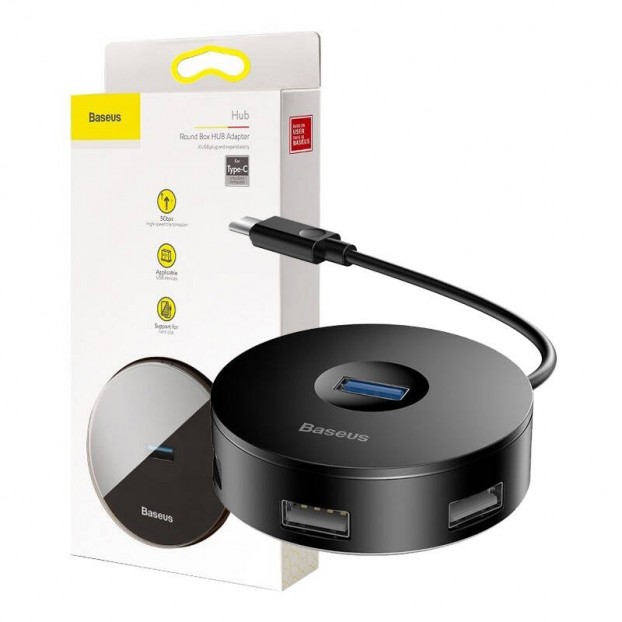 Statie HUB Baseus Airjoy Round Box HUB Adapter, Type-C to USB3.0*1 + USB2.0*3 - Negru