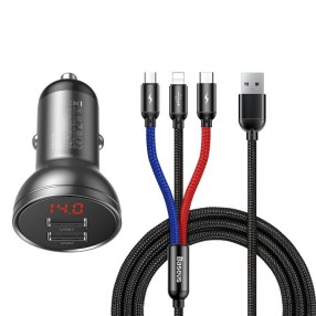 Set Incarcator Auto Baseus Digital Display Dual USB 4.8A, 24W + Cablu 3in1 1.2m - Negru
