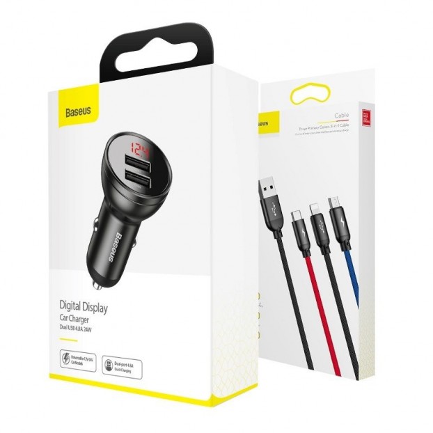 Set Incarcator Auto Baseus Digital Display Dual USB 4.8A, 24W + Cablu 3in1 1.2m - Negru Set Incarcator Auto Baseus Digital Display Dual USB 4.8A, 24W + Cablu 3in1 1.2m - Negru