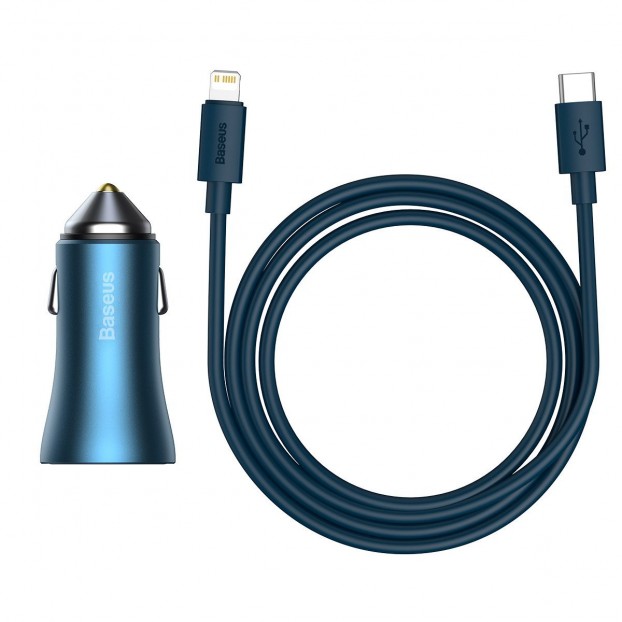 Set Incarcator Auto Baseus Golden Contactor Pro 1x USB, 1x USB C, QC 4.0, PD, SCP, 40W + Cablu USB C - Lightning 1m - Albastru