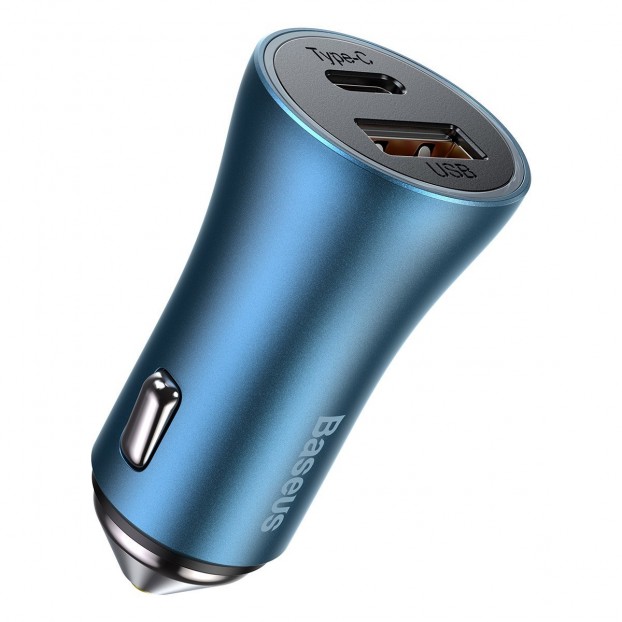 Set Incarcator Auto Baseus Golden Contactor Pro 1x USB, 1x USB C, QC 4.0, PD, SCP, 40W + Cablu USB C - Lightning 1m - Albastru