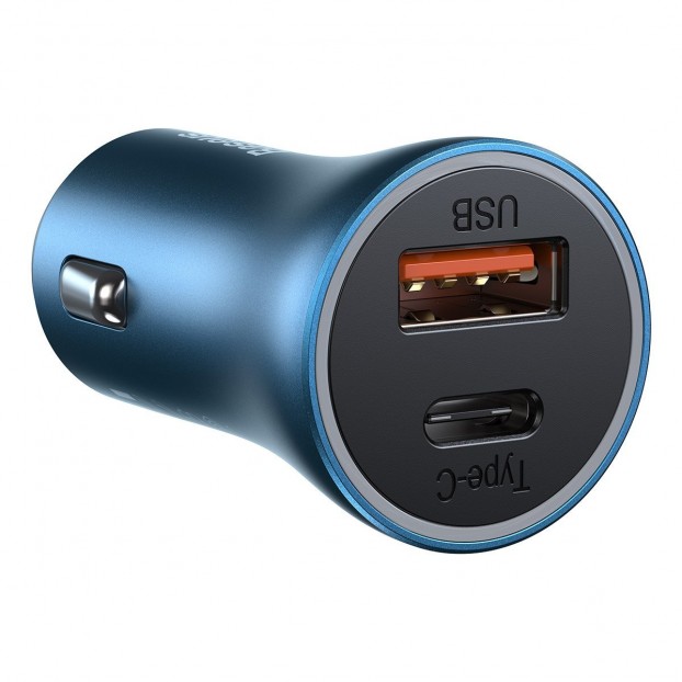 Set Incarcator Auto Baseus Golden Contactor Pro 1x USB, 1x USB C, QC 4.0, PD, SCP, 40W + Cablu USB C - Lightning 1m - Albastru