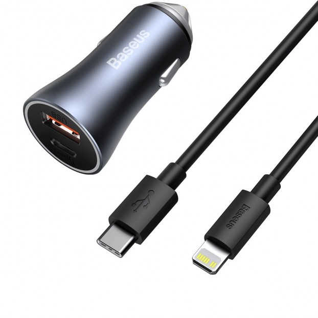 Set Incarcator Auto Baseus Golden Contactor Pro 1x USB, 1x USB C, QC 4.0, PD, SCP, 40W + Cablu USB C - Lightning 1m - Negru