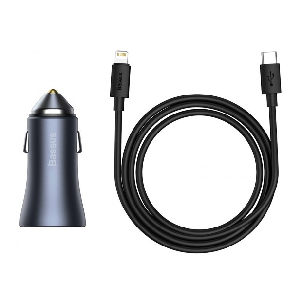 Set Incarcator Auto Baseus Golden Contactor Pro 1x USB, 1x USB C, QC 4.0, PD, SCP, 40W + Cablu USB C - Lightning 1m - Negru