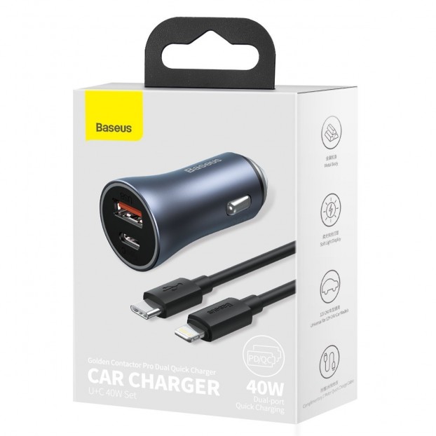 Set Incarcator Auto Baseus Golden Contactor Pro 1x USB, 1x USB C, QC 4.0, PD, SCP, 40W + Cablu USB C - Lightning 1m - Negru