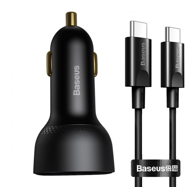 Set Incarcator Auto Baseus Supreme Car Charger 1x USB, 1x USB C, 100W + Cablu USB C - USB C - Negru