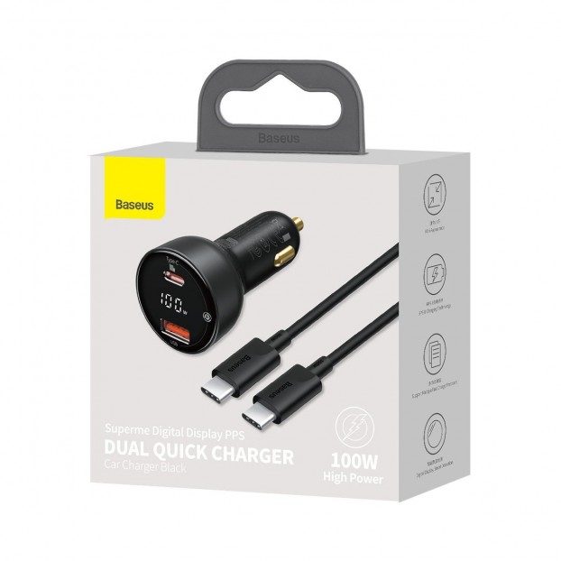 Set Incarcator Auto Baseus Supreme Car Charger 1x USB, 1x USB C, 100W + Cablu USB C - USB C - Negru