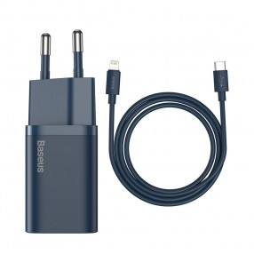 Set Incarcator de retea Baesus Super Si Quick Charger 1C 20W + Cablu USB C - Lightning 1m - Albastru