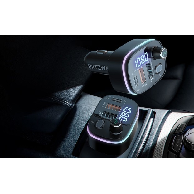 Incarcator Auto BlitzWolf BW-BC2, modulator FM RGB, Bluetooth 5.0, USB-C si 2x USB 2.0, Quick Charge 3.0 - Negru