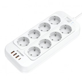 Incarcator Prelungitor BlitzWolf BW-PC2, 8 prize, 3x USB, 1x USB-C, 2500W, 2m - Alb